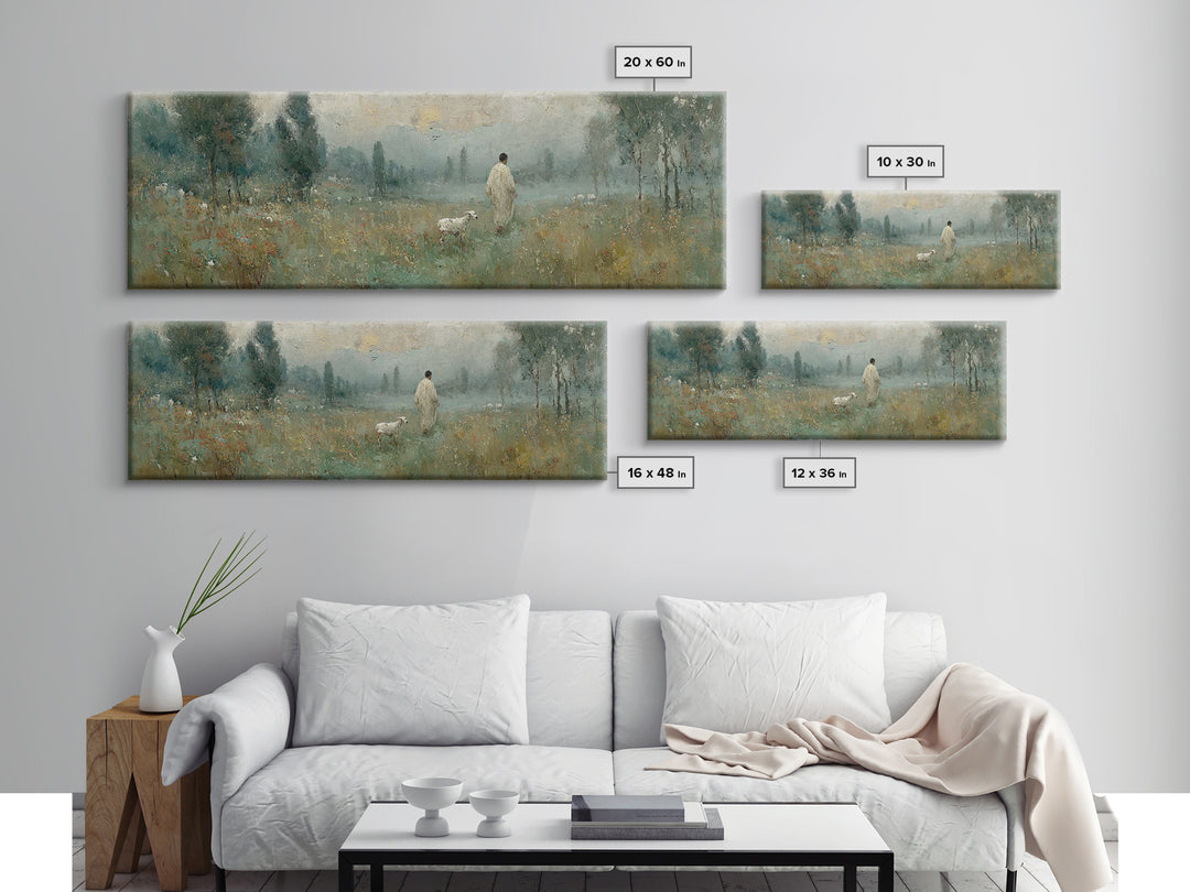 Misty Pasture Calm, Framed Canvas Print, Panoramic Art, Christian Wall Art, Jesus Painting, Christian Art Canvas