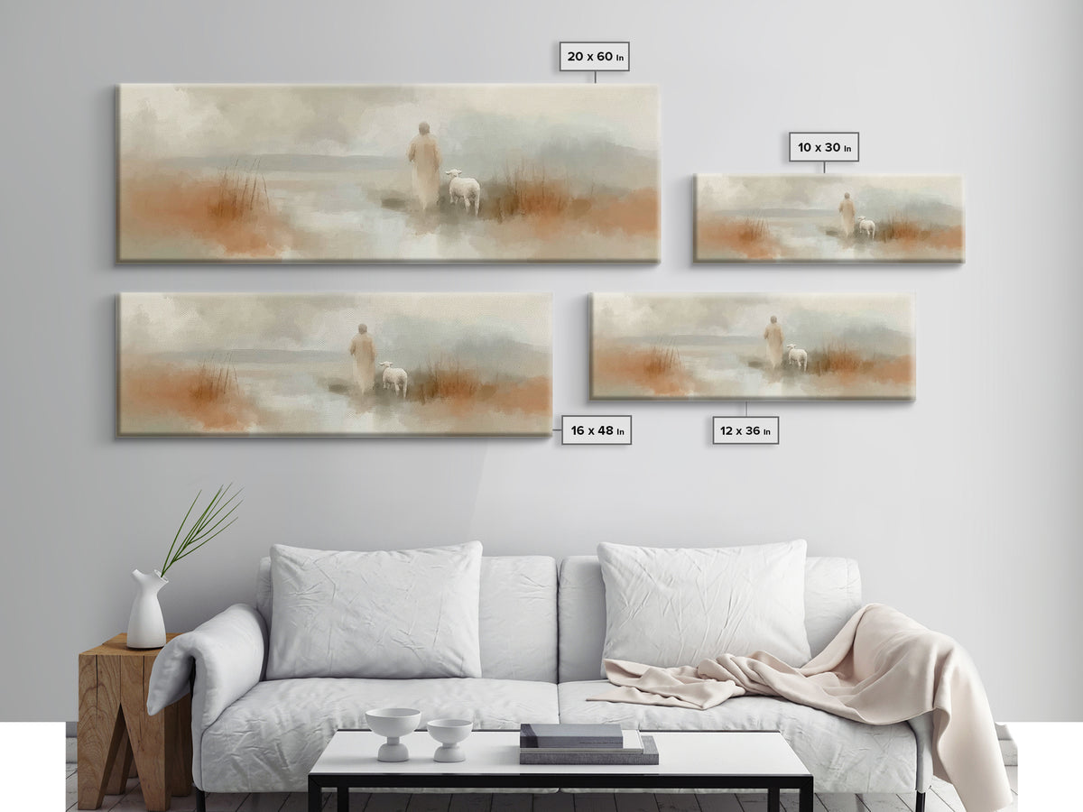 Quiet Waters Grace, Framed Canvas Print, Panoramic Frame, Christian Art Canvas, Jesus Painting, Christian Wall Art, Christian Christmas Art