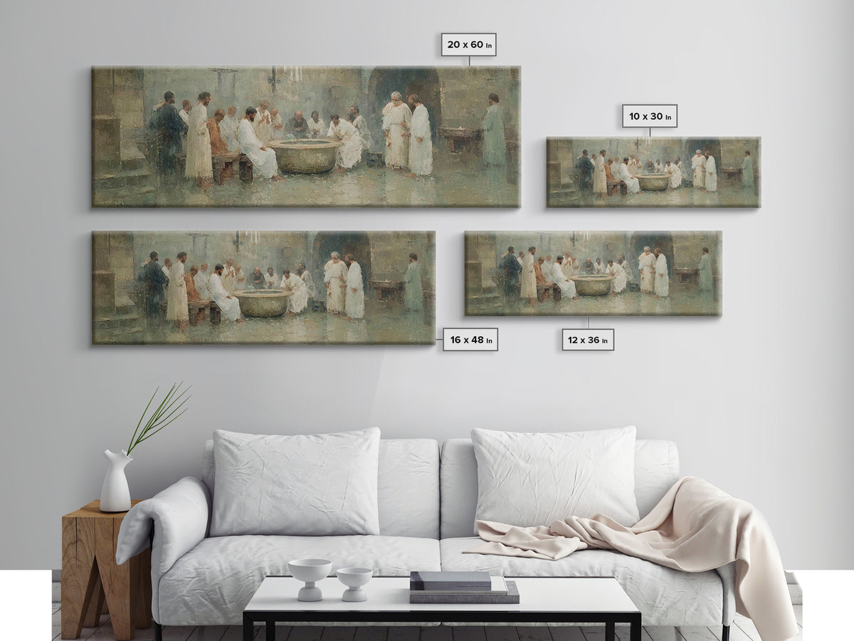 Service of Love, Framed Canvas Print, Panoramic Wall Art, Christian Art Canvas, Jesus Painting, Christian Christmas Art, Christian Decor, C