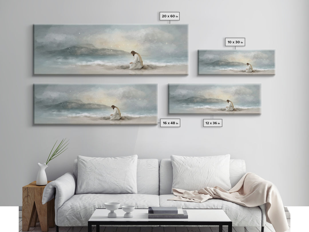 Shoreline Reverence - Framed Canvas Print - Christian Wall Art - Jesus Painting - Panoramic Art - Christian Art Canvas - Christmas Art
