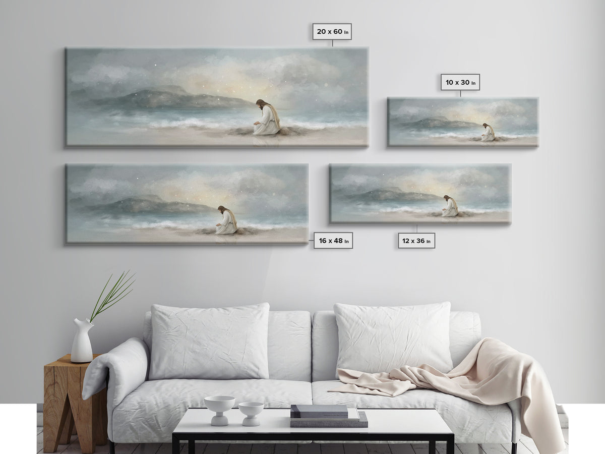Shoreline Reverence - Framed Canvas Print - Christian Wall Art - Jesus Painting - Panoramic Art - Christian Art Canvas - Christmas Art