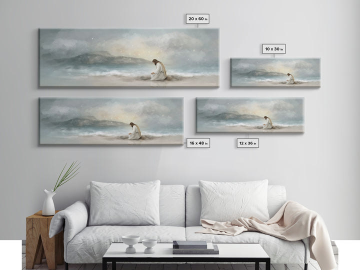 Shoreline Reverence - Framed Canvas Print - Christian Wall Art - Jesus Painting - Panoramic Art - Christian Art Canvas - Christmas Art