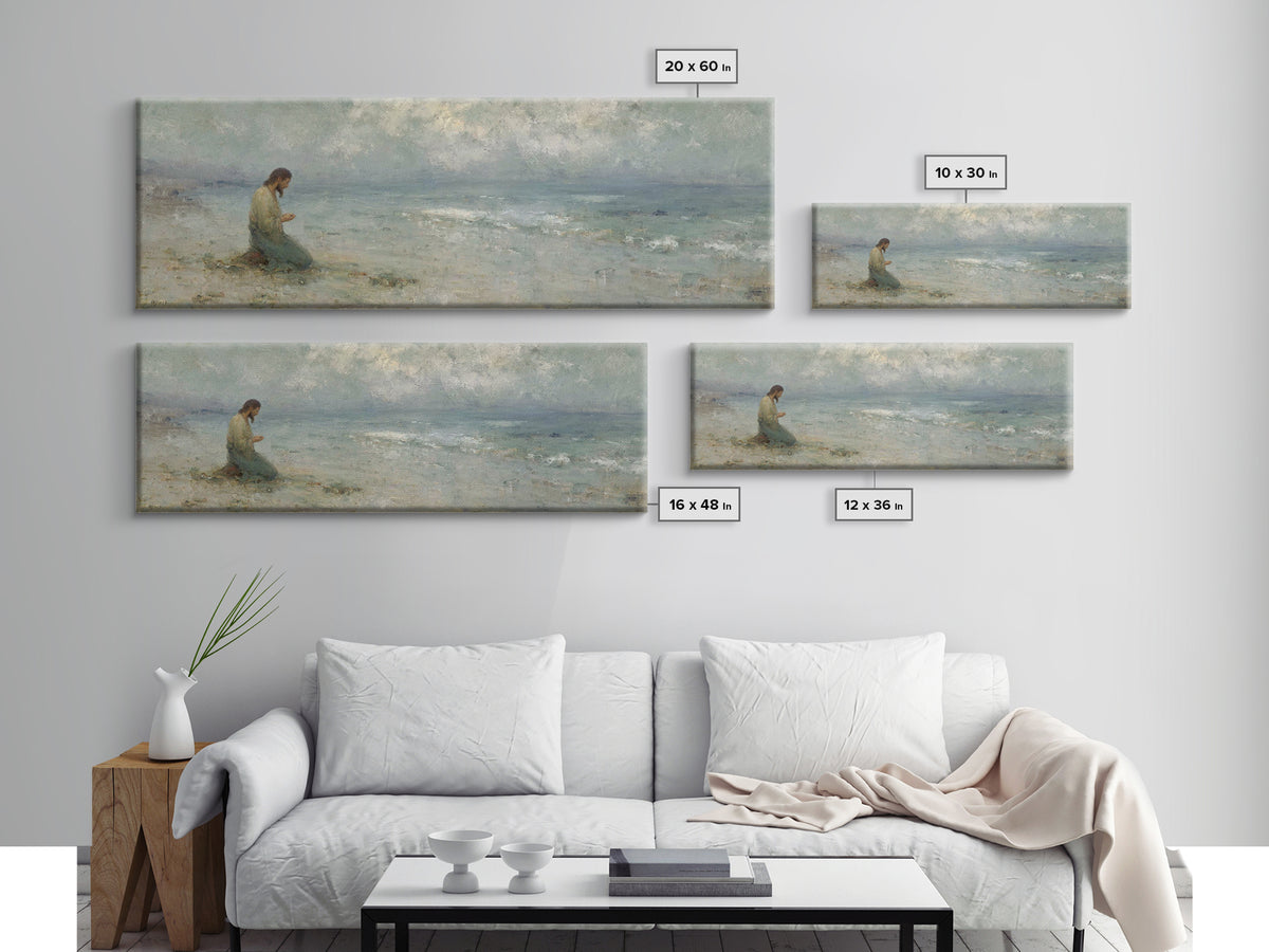 Gentle Shore Grace - Framed Canvas Print - Panoramic Frame - Christian Art Canvas - Jesus Painting - Christian Wall Art - Christmas Art