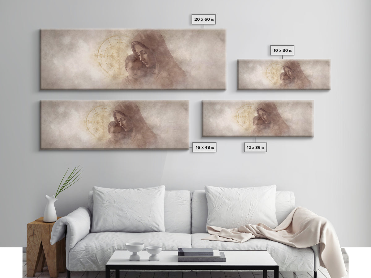 Motherly Devotion, Framed Canvas Print, Christian Wall Art, Panoramic Painting, Mary And Jesus Painting, Christian Art Canvas, Christmas Ar