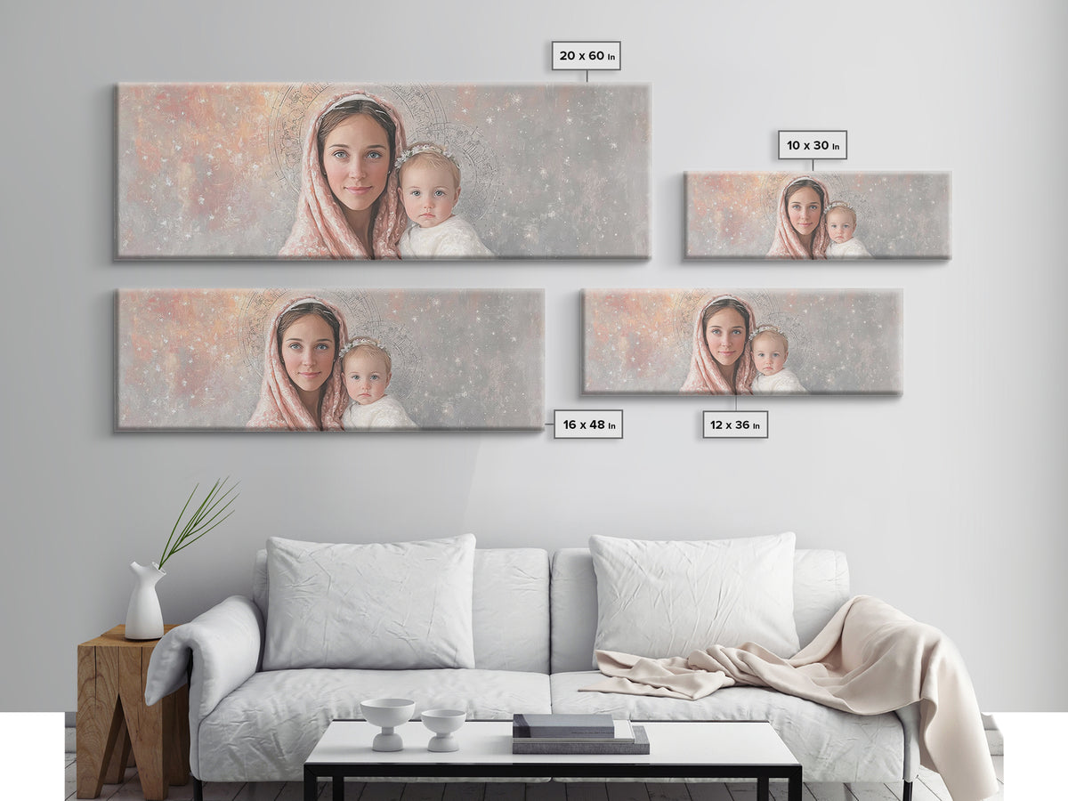 Radiant Holy Innocence | Framed Canvas Print | Panoramic Wall Art | Christian Art Canvas | Mary And Jesus Painting | Christian Christmas Ar