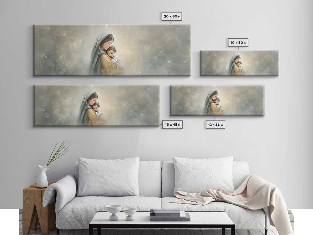 Starborn Grace Light, Framed Canvas Print, Panoramic Art, Christian Wall Art, Mary And Jesus Painting, Christian Art Canvas, Christmas Art