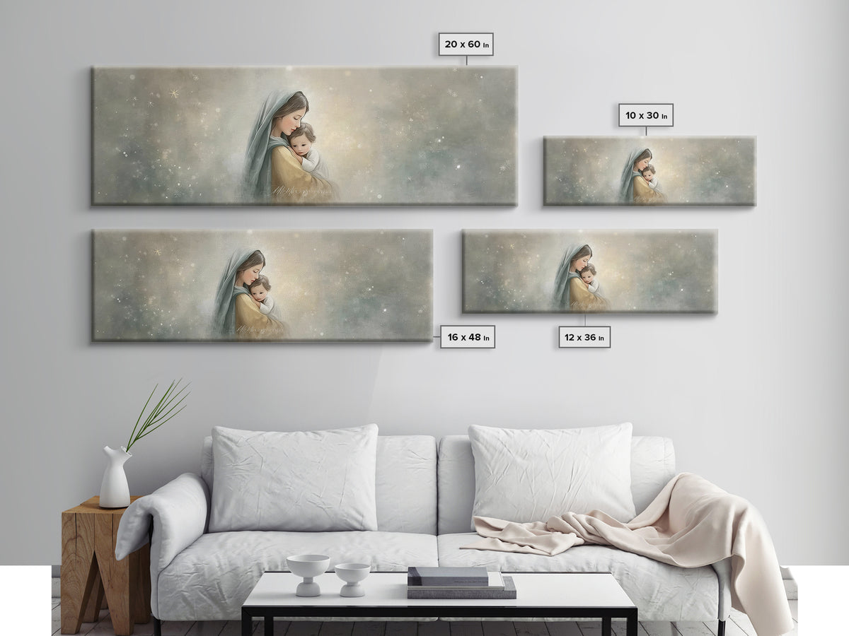 Starborn Grace Light, Framed Canvas Print, Panoramic Art, Christian Wall Art, Mary And Jesus Painting, Christian Art Canvas, Christmas Art