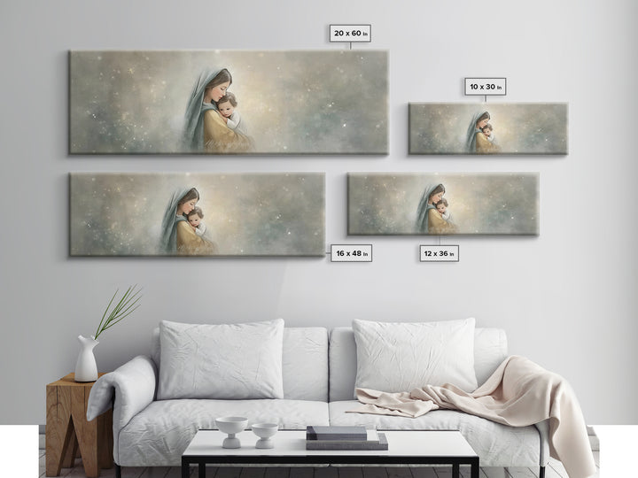 Starborn Grace Light, Framed Canvas Print, Panoramic Art, Christian Wall Art, Mary And Jesus Painting, Christian Art Canvas, Christmas Art