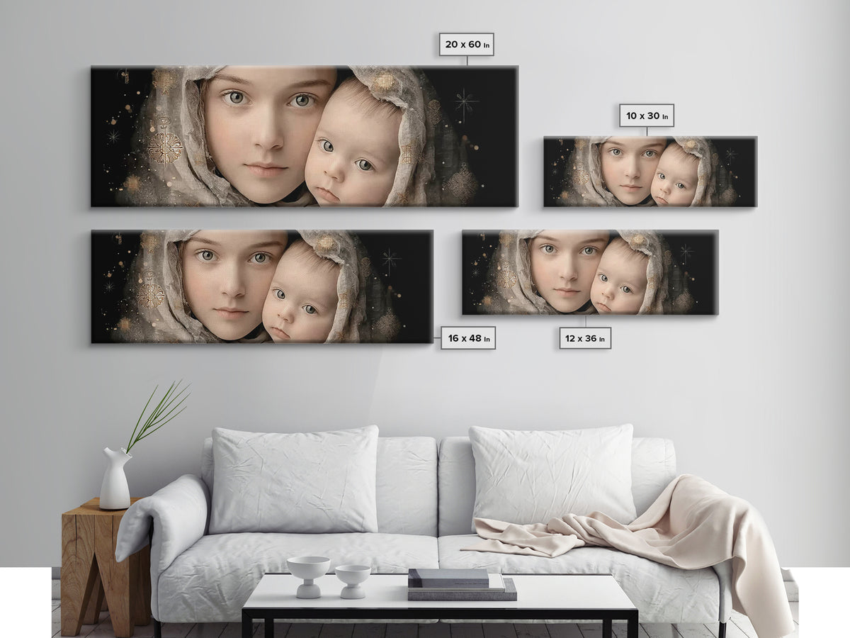 Gentle Heaven’s Hold - Framed Canvas Print - Panoramic Frame - Christian Art Canvas - Mary And Jesus Painting - Christian Wall Art - Christ