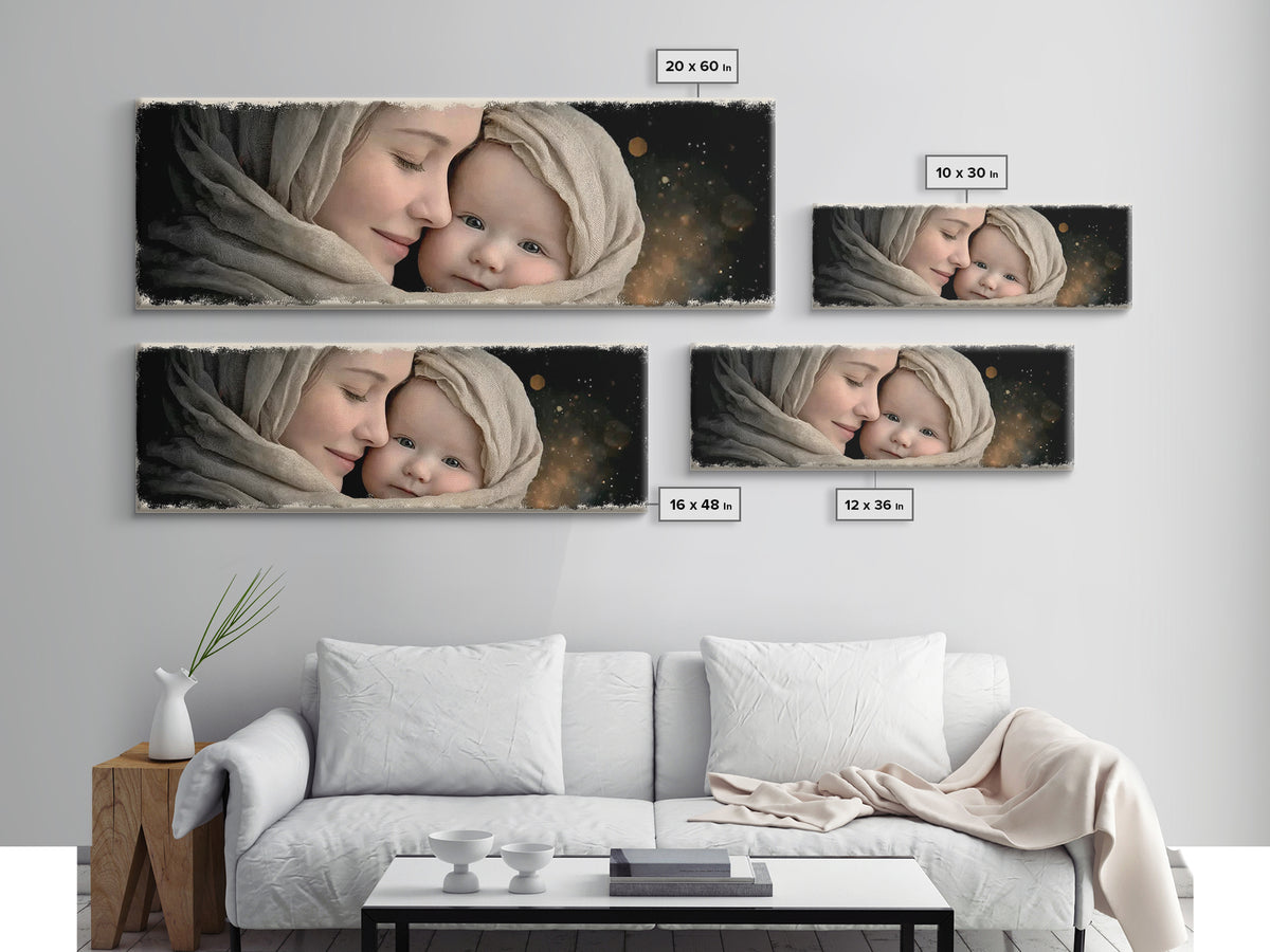 Timeless Sacred Gaze | Framed Canvas Print | Panoramic Painting | Mary And Jesus Painting | Christian Art Canvas | Christian Christmas Art