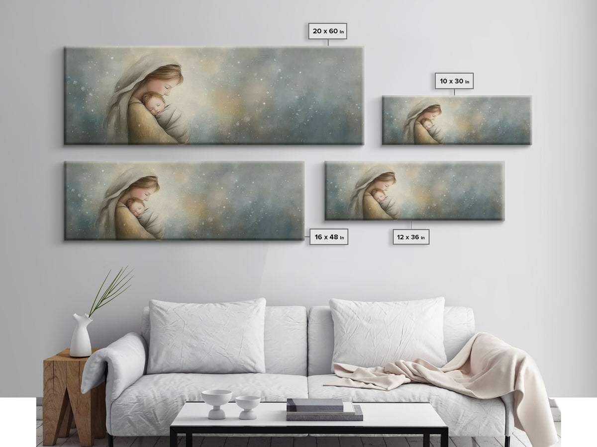Blessed Winter Warmth, Framed Canvas Print, Panoramic Painting, Christian Art Canvas, Mary And Jesus Painting, Christian Wall Art, Christma