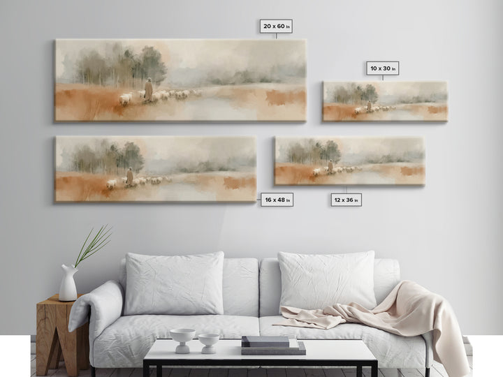 Gentle Pasture Walk, Framed Canvas Print, Panoramic Wall Art, Christian Art Canvas, Christian Art, Modern Christian Art, Jesus Painting, Ch