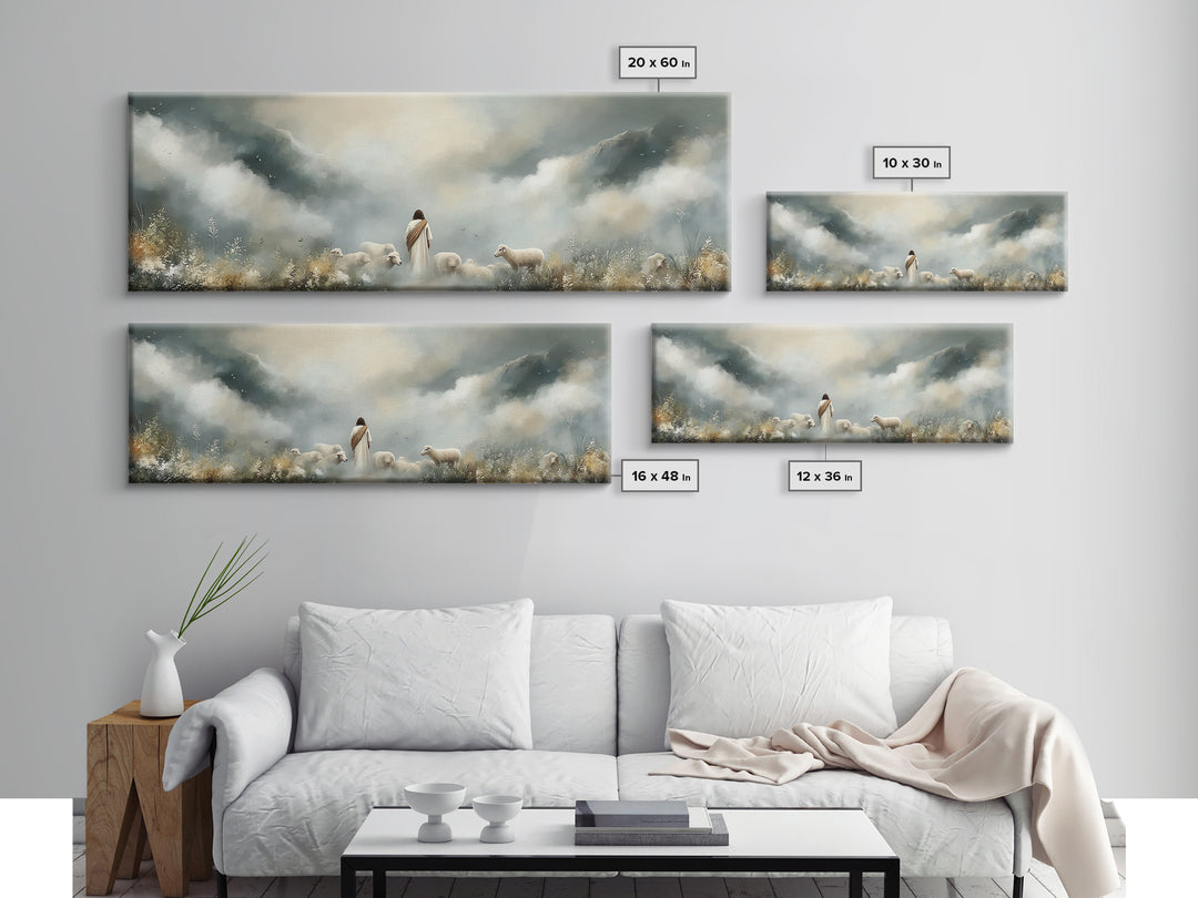 Hillside Shepherd Peace – Framed Canvas Print – Panoramic Frame – Christian Art – Christian Art Prints – Jesus Painting – Christian Wall Ar