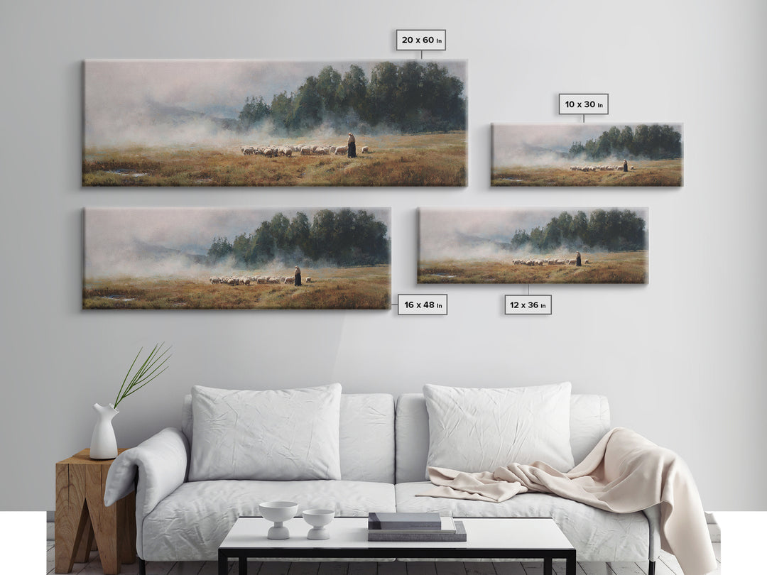 Morning Pasture Stillness | Framed Canvas Print | Panoramic Print | Christian Wall Art | Christian Art Canvas | Jesus Painting | Christian