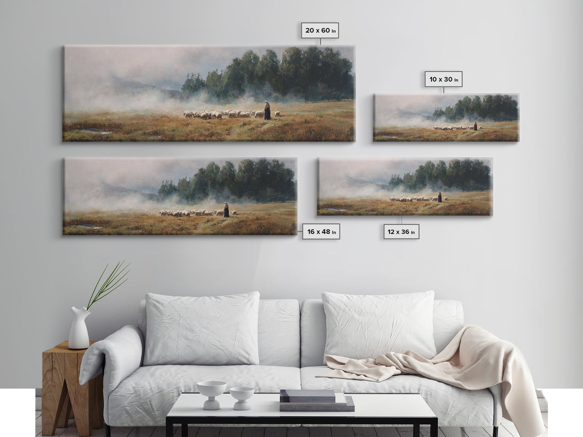 Morning Pasture Stillness | Framed Canvas Print | Panoramic Print | Christian Wall Art | Christian Art Canvas | Jesus Painting | Christian