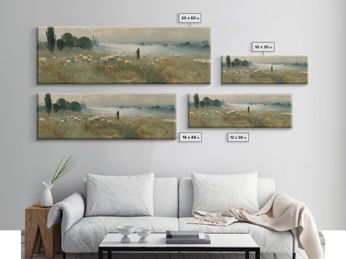 Wildflower Shepherd Path, Framed Canvas Print, Panoramic Art, Christian Wall Art, Jesus Painting, Christian Art Canvas, Vintage Christian A