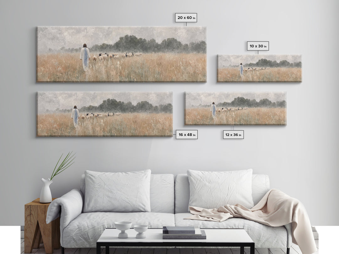 Golden Field Shepherd | Framed Canvas Print | Panoramic Wall Art | Christian Art | Jesus Painting | Christian Art Canvas | Modern Christian