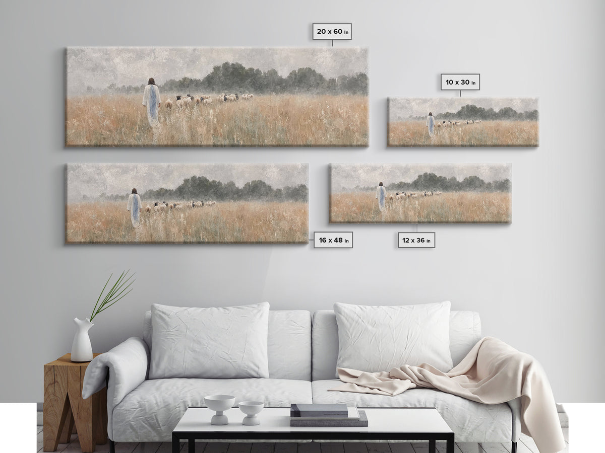 Golden Field Shepherd | Framed Canvas Print | Panoramic Wall Art | Christian Art | Jesus Painting | Christian Art Canvas | Modern Christian