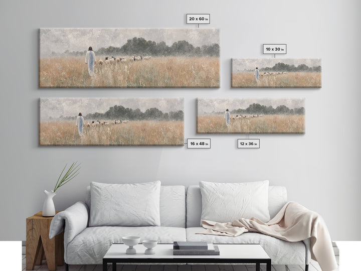 Golden Field Shepherd | Framed Canvas Print | Panoramic Wall Art | Christian Art | Jesus Painting | Christian Art Canvas | Modern Christian