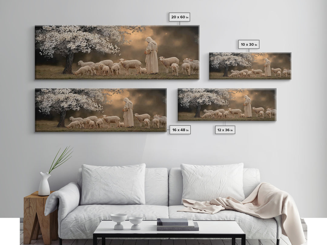 Springtime Shepherd, Framed Canvas Print, Christian Wall Art, Jesus Painting, Panoramic Painting, Christian Art Canvas, Christian Christmas