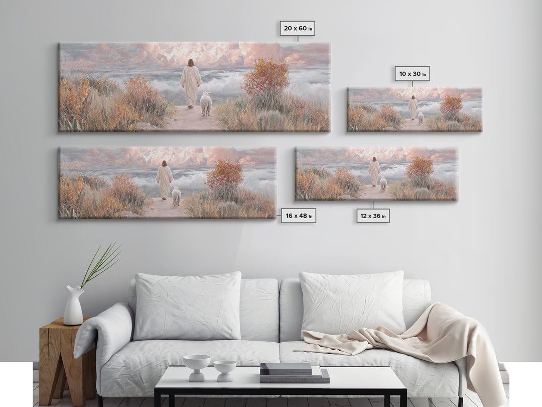 Golden Horizon Walk | Framed Canvas Print | Panoramic Frame | Christian Wall Art | Jesus Painting | Christian Art Canvas | Christmas Art