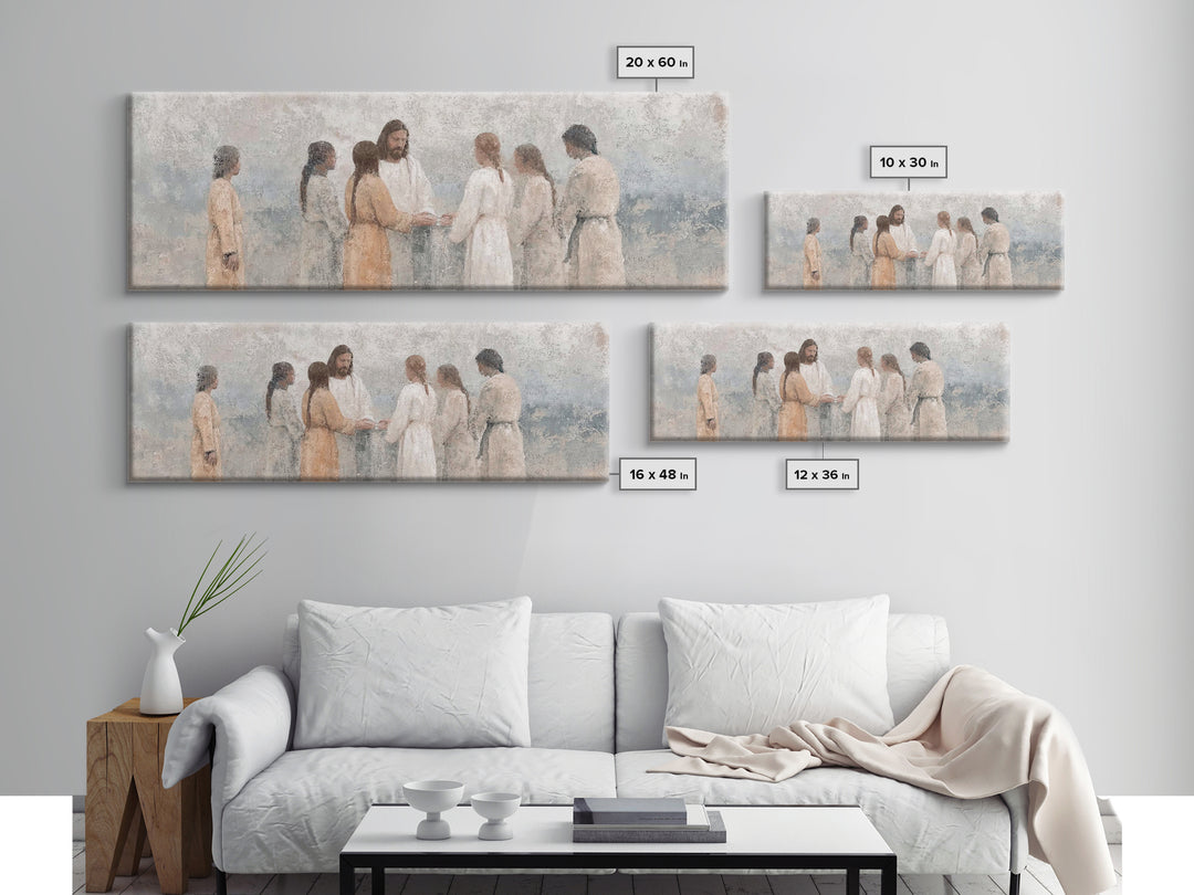 Temple Hearth Gathering, Framed Canvas Print, Christian Art, Christian Art Canvas, Jesus Painting, Panoramic Art, Christian Christmas Art