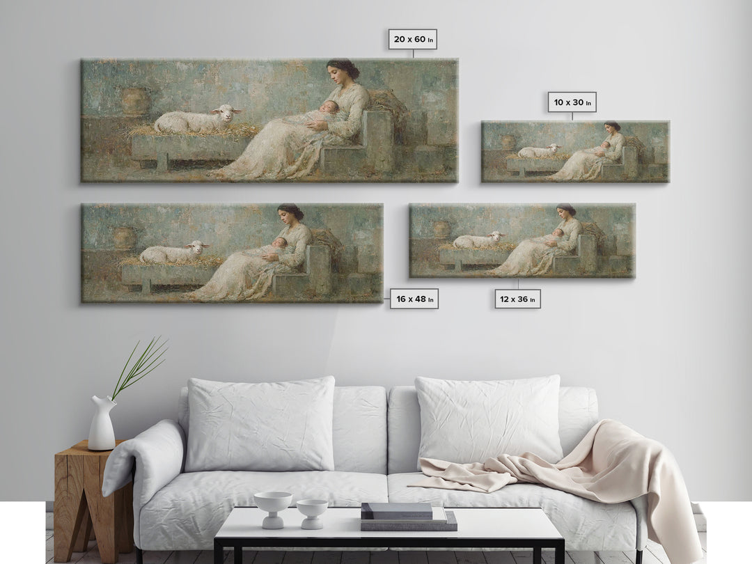 Mother And Lamb, Framed Canvas Print, Christian Art Canvas, Christian Wall Art, Panoramic Art, Jesus Painting, Christian Christmas Decor