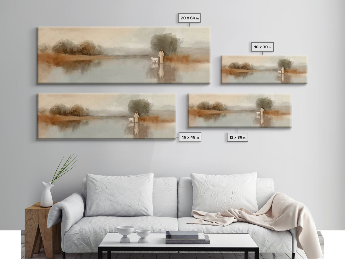 Shepherd’s Dawn | Framed Canvas Print | Christian Wall Art | Christian Art Canvas | Panoramic Frame | Jesus Painting | Christian Art