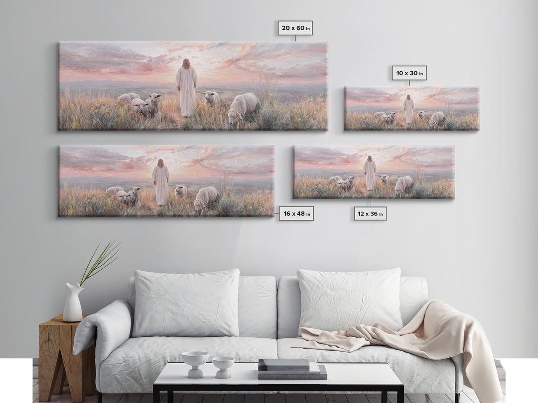 Dawn Among The Flock | Framed Canvas Print | Panoramic Wall Art | Christian Wall Art | Christian Art Canvas | Christian Painting | Jesus Ar