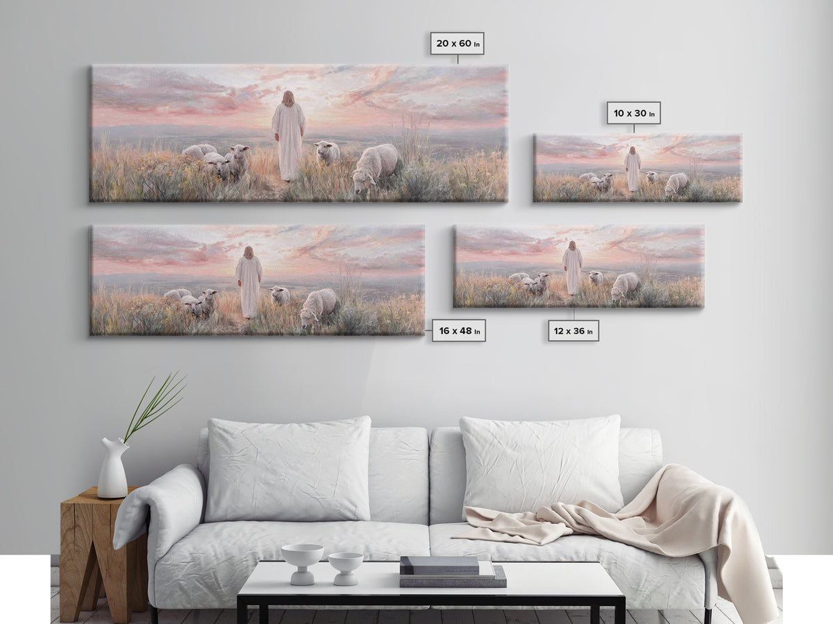 Dawn Among The Flock | Framed Canvas Print | Panoramic Wall Art | Christian Wall Art | Christian Art Canvas | Christian Painting | Jesus Ar