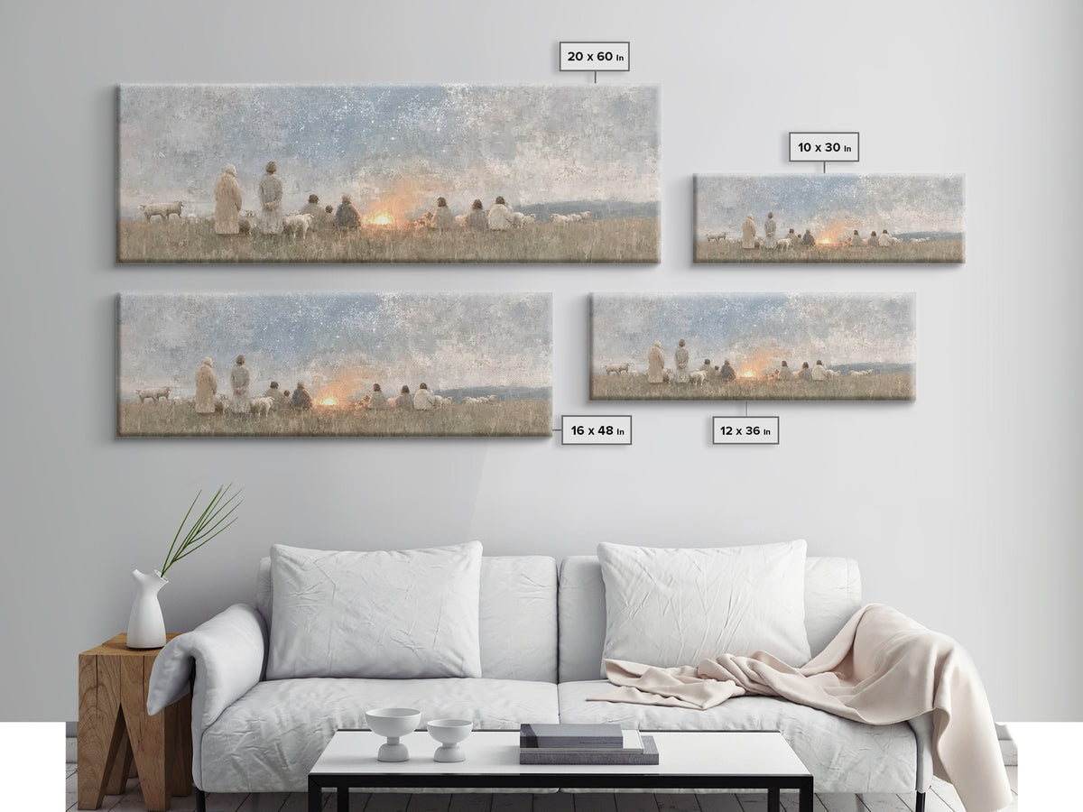 Quiet Field Gathering – Framed Canvas Print – Panoramic Painting – Christian Art – Vintage Christmas Art – Christian Wall Art – Subtle Chri