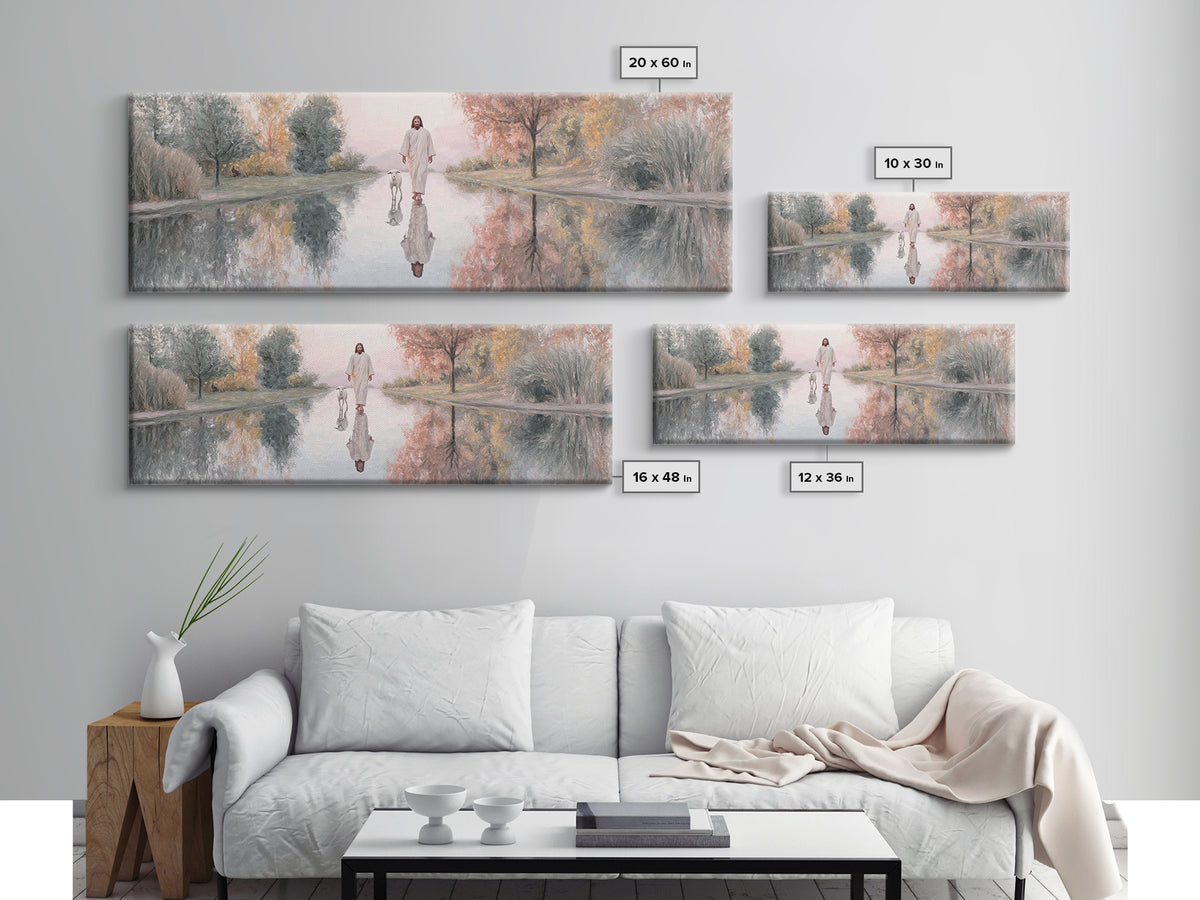 Path Of Still Waters – Framed Canvas Print – Christian Art Canvas – Jesus Painting – Christian Wall Art – Panoramic Art – Christian Decor