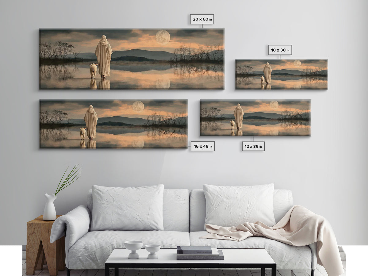 Moonlit Shepherd Path – Framed Canvas Print – Jesus Painting – Christian Wall Art – Christian Art Canvas – Panoramic Print – Christian Chri