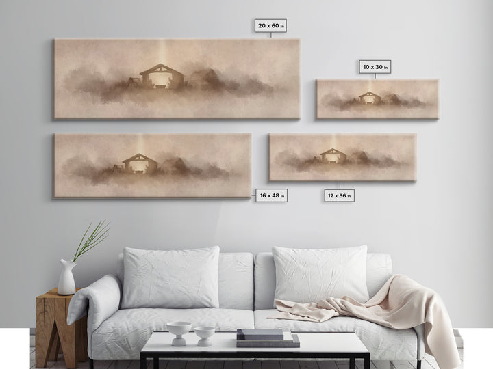 Holy Stable Glow, Framed Canvas Print, Panoramic Wall Art, Christian Art Canvas, Christmas Art, Christian Wall Art, Christian Christmas