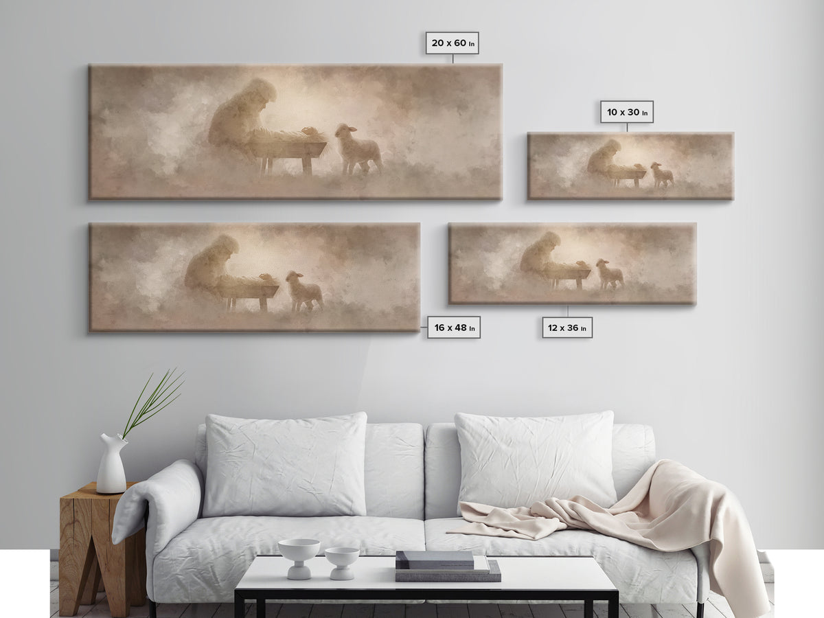 Tender Lamb Joy – Framed Canvas Print – Panoramic Print – Christian Art Canvas – Christian Wall Art – Christmas Art – Christian Christmas A