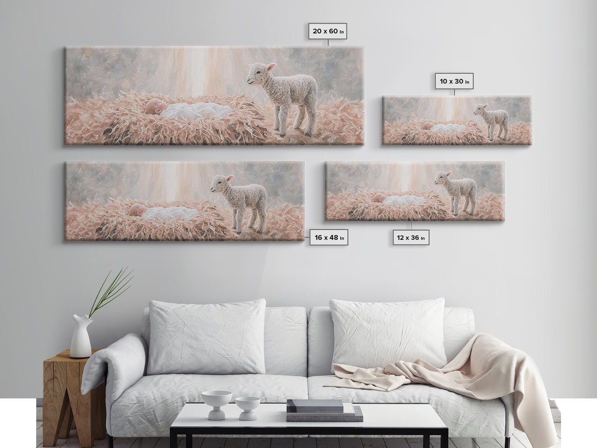 Gentle Nativity Peace, Framed Canvas Print, Christian Christmas Art, Panoramic Wall Art, Christian Wall Art, Jesus Painting