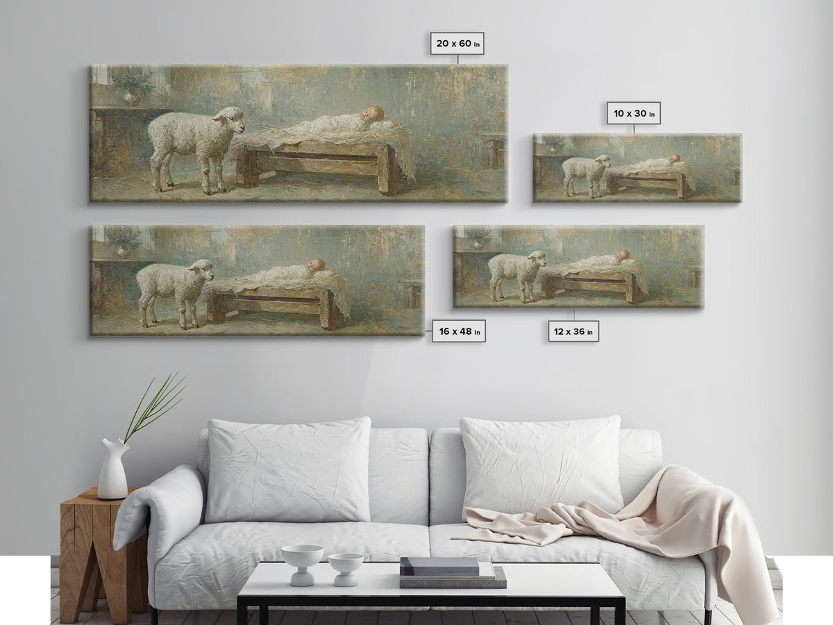 Lamb Of Promise, Framed Canvas Print, Christmas Wall Art, Panoramic Art, Christian Art Canvas, Christian Christmas Art