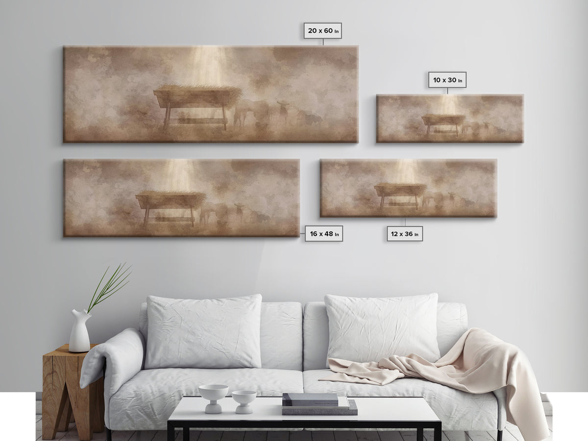 Shepherds At Peace, Framed Canvas Print, Panoramic Painting, Christian Art Canvas, Christian Wall Art, Christmas Art, Subtle Christian Art
