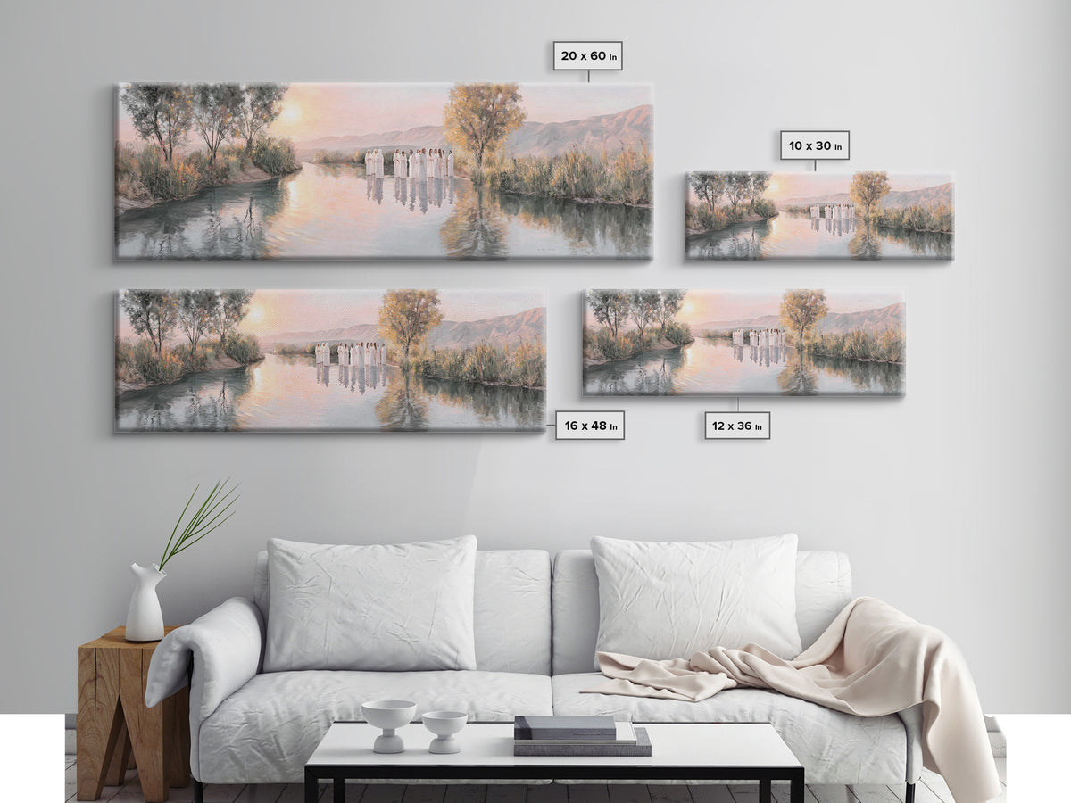 River Dawn Communion, Framed Canvas Print, Christian Wall Art, Christian Art Canvas, Jesus Painting, Panoramic Art