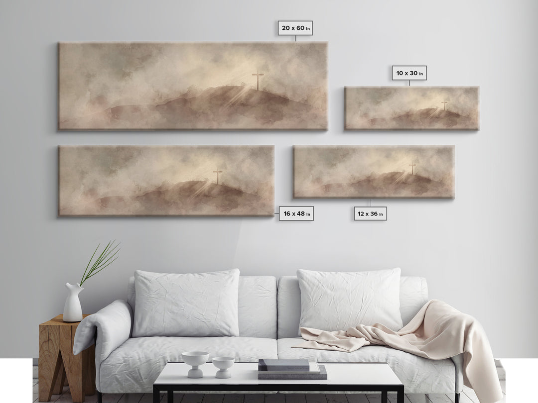 Hilltop Cross Light – Framed Canvas Print – Christian Wall Art – Christian Art Canvas – Panoramic Wall Art – Christian Decor