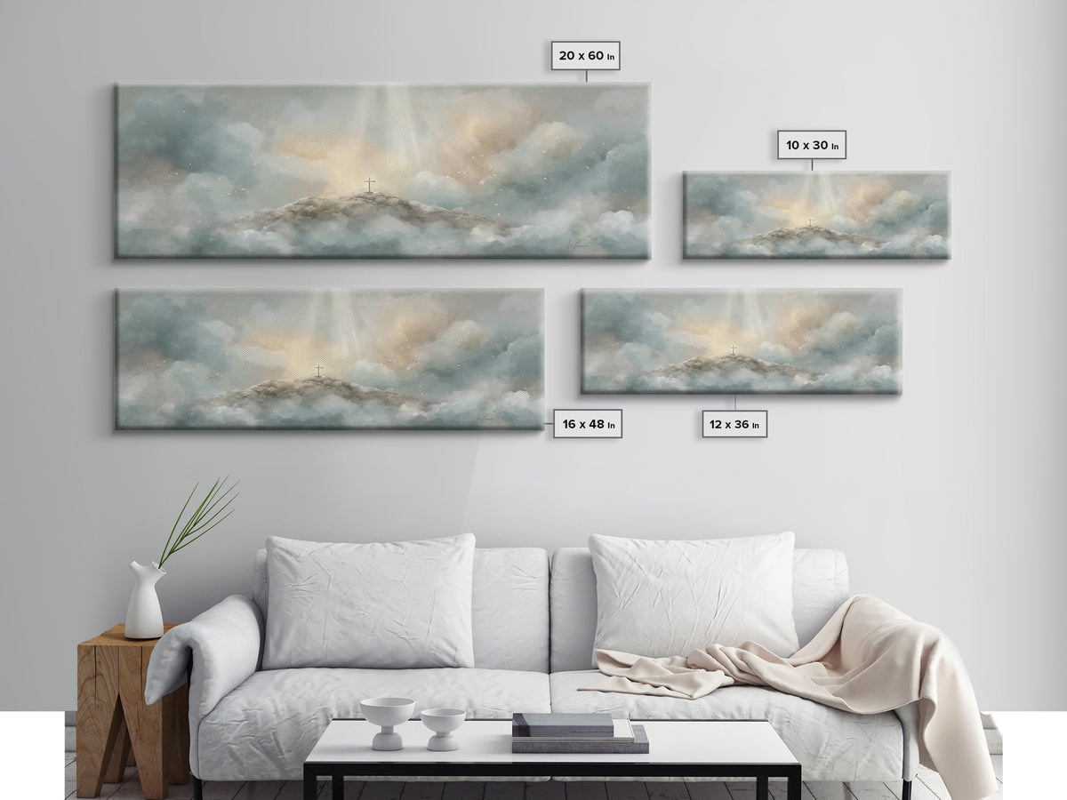 Heavenly Summit Glow | Framed Canvas Print | Christian Wall Art | Christian Art Canvas | Panoramic Painting | Christian Gift Ideas