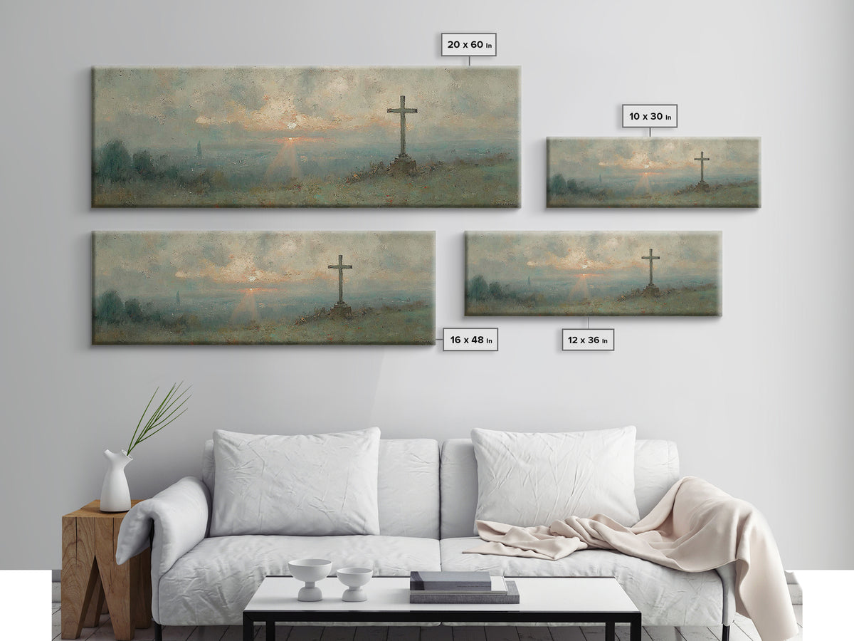 Sunset Cross Vista, Framed Canvas Print, Christian Wall Art, Christian Art Canvas, Panoramic Frame, Christian Decor