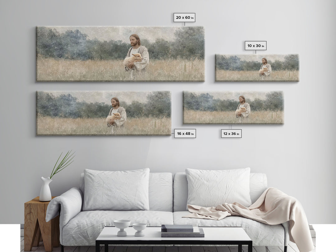 Gentle Shepherd Field, Framed Canvas Print, Christian Wall Art, Christian Art Canvas, Panoramic Art, Christian Decor