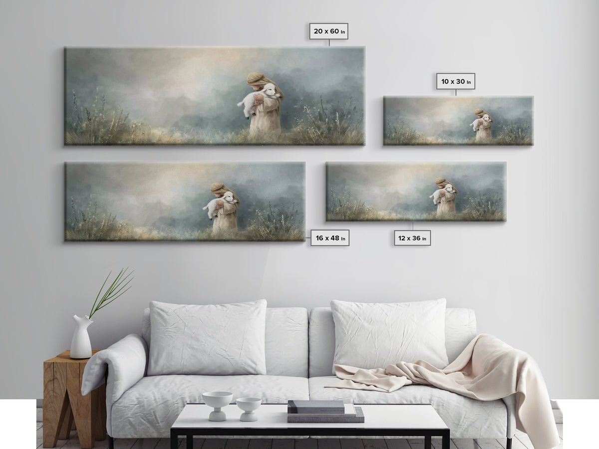 Tender Shepherd Embrace – Framed Canvas Print – Christian Wall Art – Christian Art Canvas – Jesus Painting – Panoramic Art – Christmas Art
