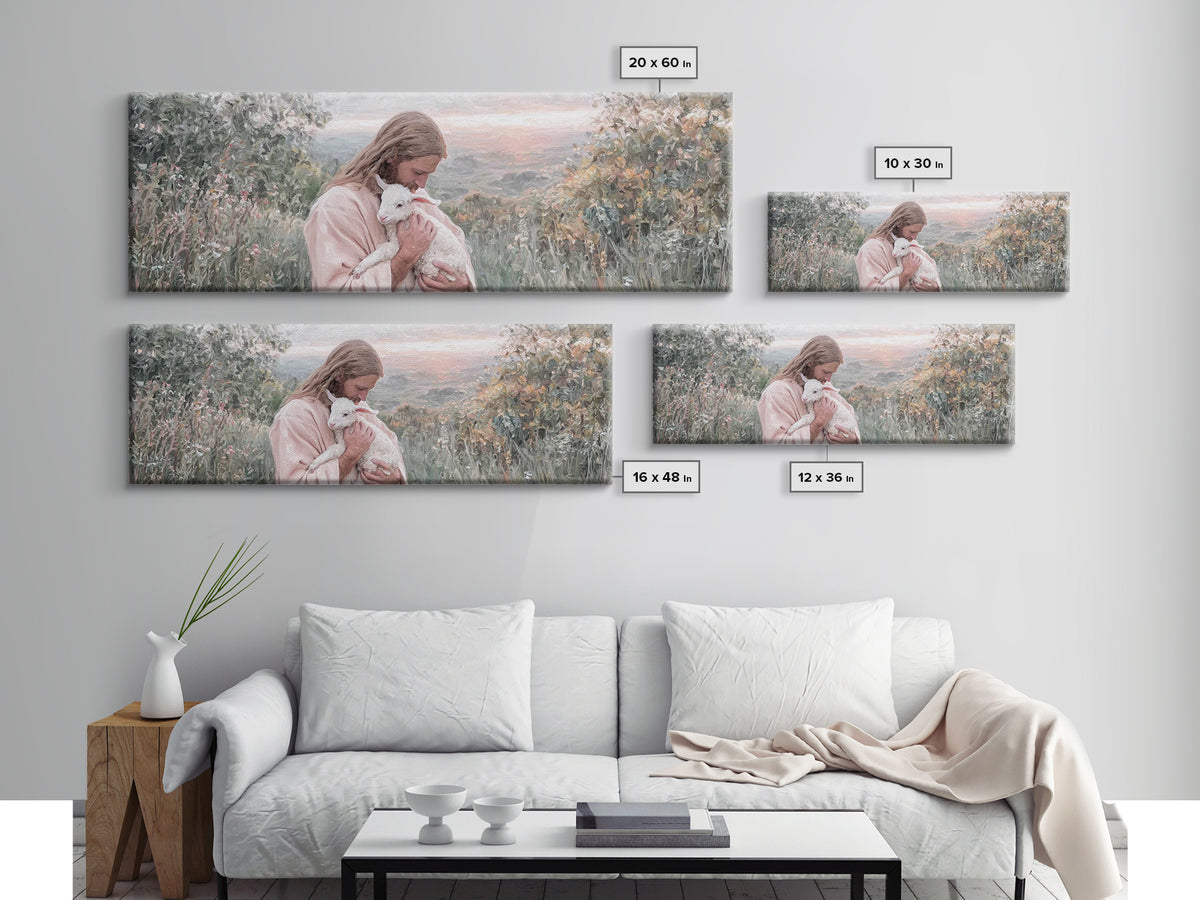 Gentle Pasture Peace, Framed Canvas Print, Christian Christmas Art, Christian Art Canvas, Jesus Painting, Panoramic Wall Art, Christian Dec