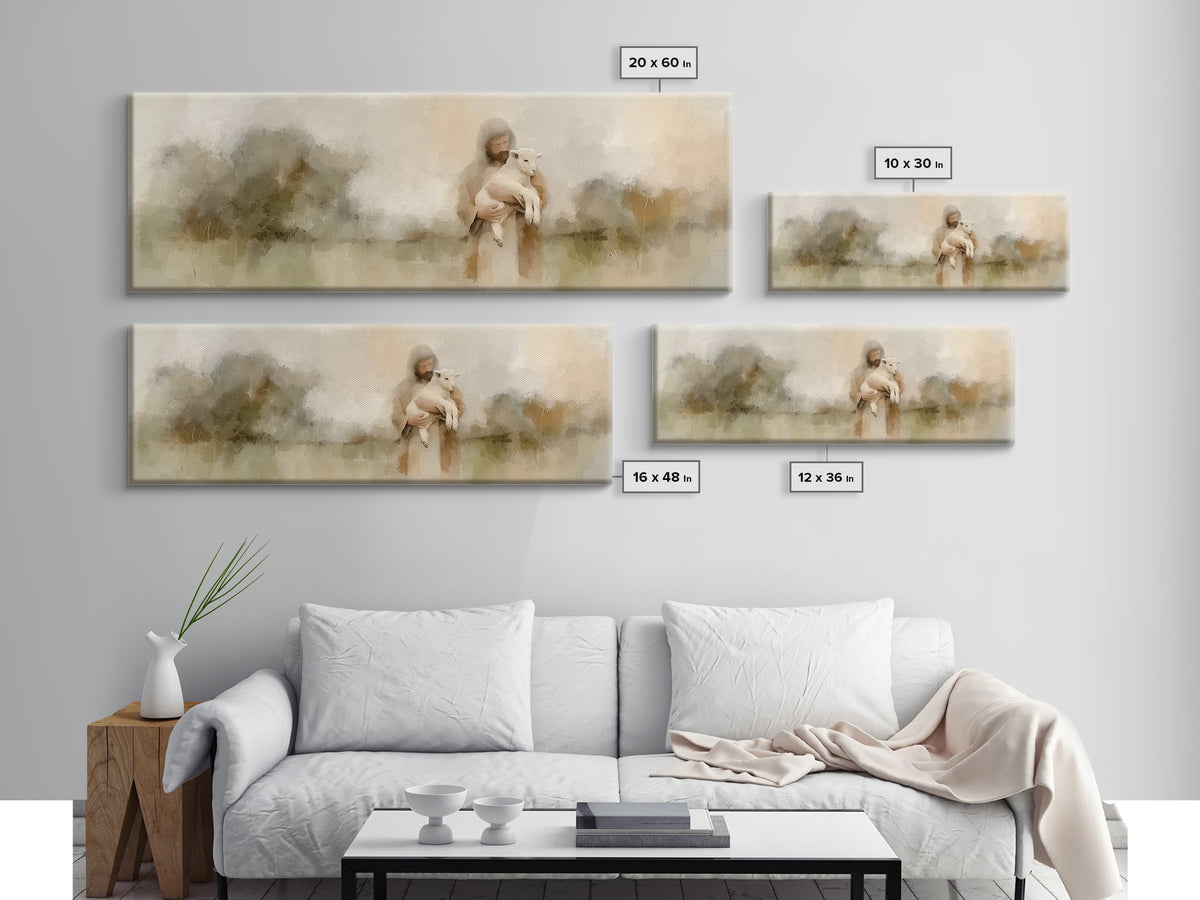 Warm Meadow Mercy | Framed Canvas Print | Christian Wall Art | Jesus Painting | Christian Art Canvas | Panoramic Painting | Christmas Art