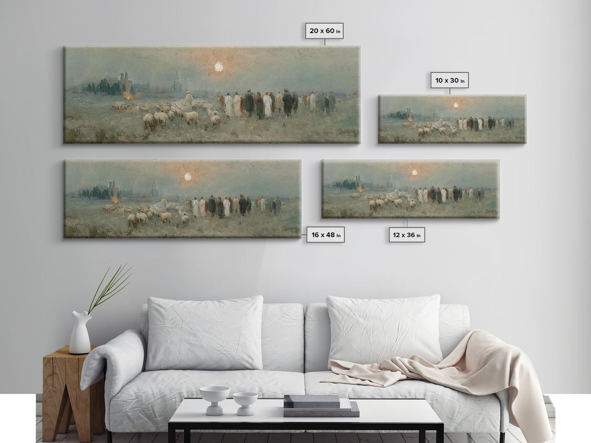 Shepherds In Stillness – Framed Canvas Print – Christian Art Canvas – Panoramic Frame – Christian Christmas Art – Jesus Painting – Christia