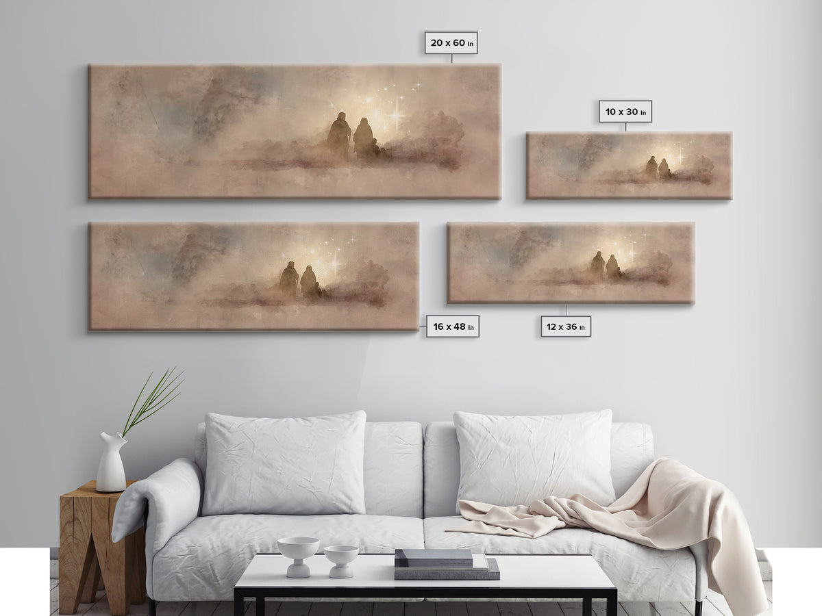 Holy Family Dawn, Framed Canvas Print, Christian Art Print, Panoramic Print, Christian Christmas Art, Christian Wall Art, Modern Christian