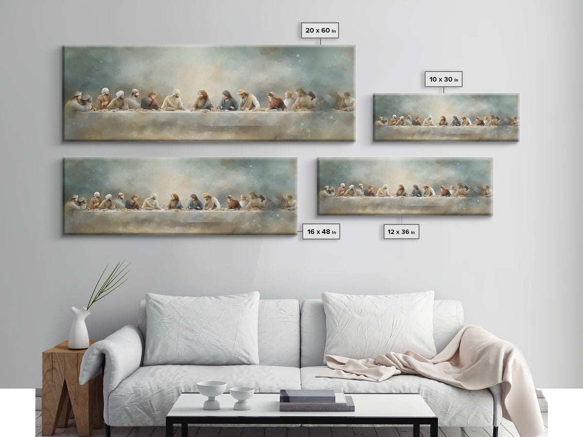 Last Table Serenity, Framed Canvas Print, Christian Art Print, Jesus Canvas Art, Panoramic Painting, Modern Christian Art