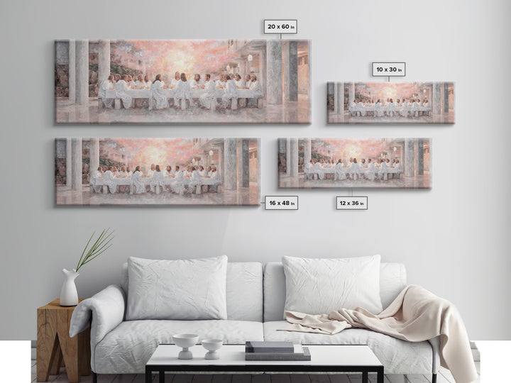Sacred Supper Reflection, Framed Canvas Print, Christian Wall Art, Jesus Painting, Panoramic Painting, Christian Art Canvas